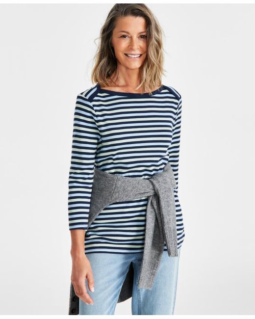 Style & Co. Blue Petite Stripe 3/4-sleeve Top