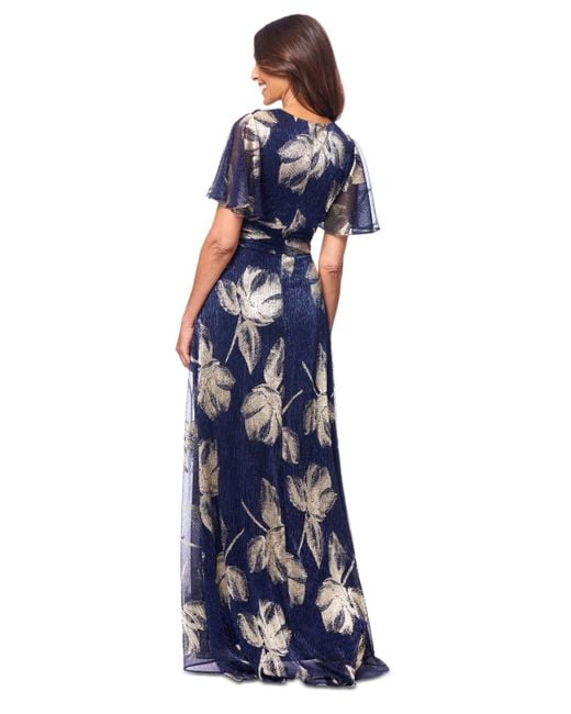 Betsy & Adam Blue Crinkled Flutter-sleeve Gown