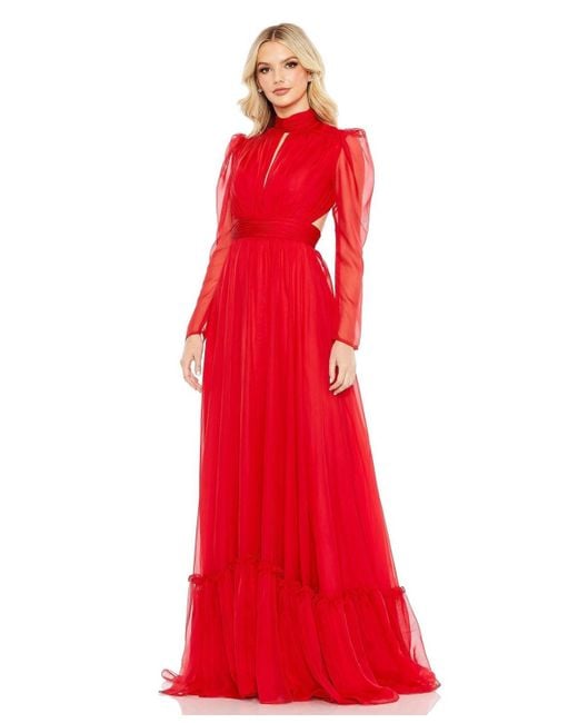 Mac Duggal Red Chiffon High Neck Keyhole Puff Sleeve Lace Up Gown