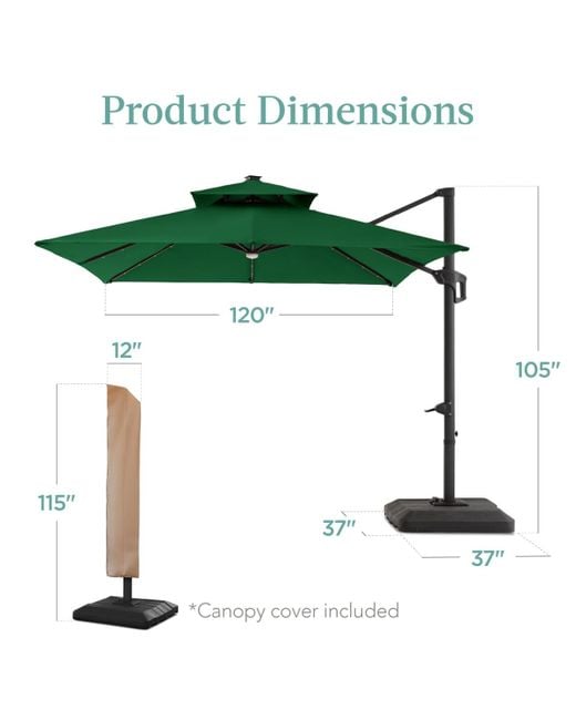 Best Choice Products Green 10x10ft 2-tier Square Outdoor Solar Led Cantilever Patio Umbrella W/ Base Included