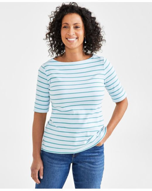 Style & Co. Blue Striped Boat-neck Elbow-sleeve Top