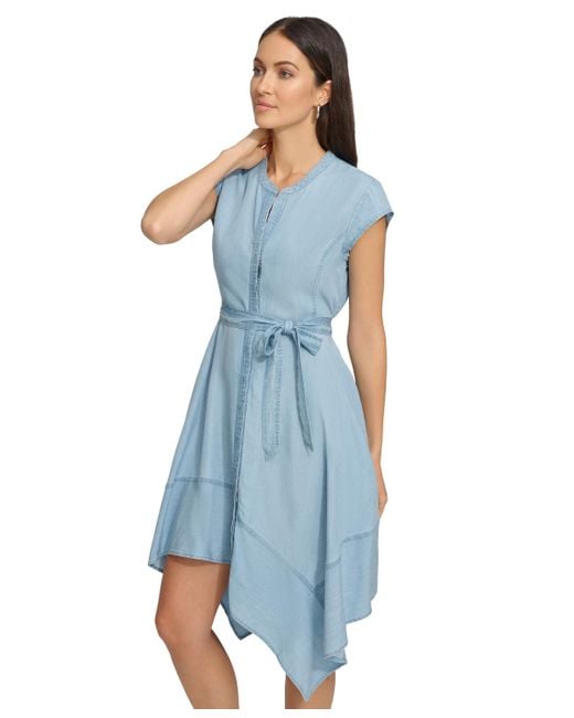 DKNY Blue Belted Asymmetrical Dress