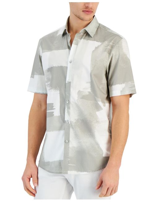 Alfani Gray Painted Blocks Regular-fit Stretch Printed Button-down Shirt for men