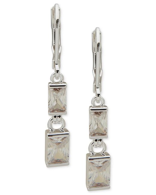 Anne Klein White Silver-tone Baguette Cubic Zirconia Double Drop Earrings