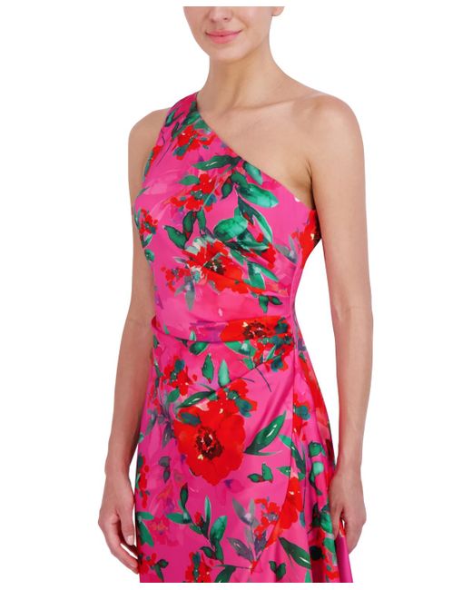 Eliza J Red Petite Floral Satin Asymmetric-hem Midi Dress
