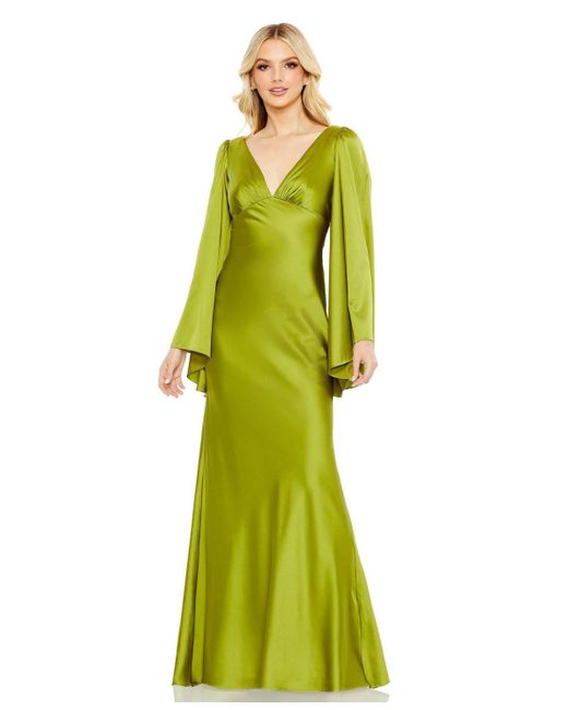Mac Duggal Green Charmeuse Bell Sleeve Empire Waist Gown