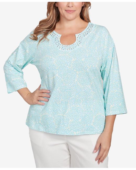 hearts of palm Blue Plus Size Three Quarter Sleeve Embellished Top