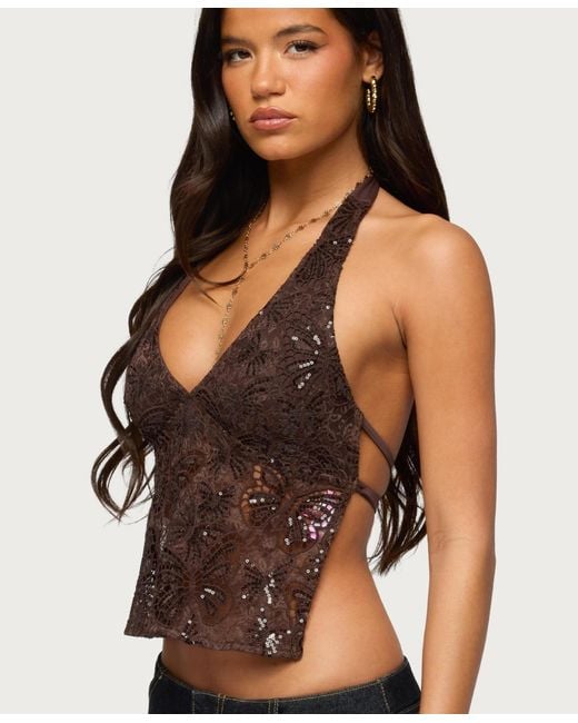 Edikted Brown Butterfly Sequin Backless Halter Top