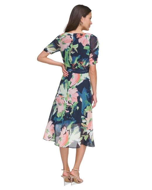 DKNY Blue Floral Tie-waist Ruched-sleeve Dress