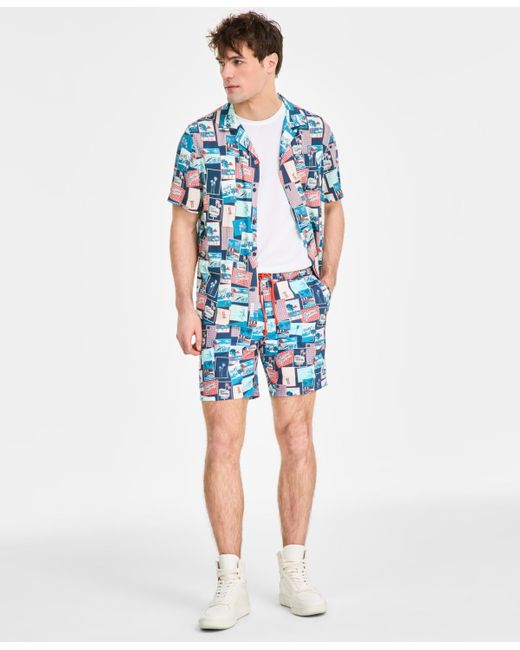 Original Penguin Blue Slim-fit Tropical-print Button-down Camp Shirt for men