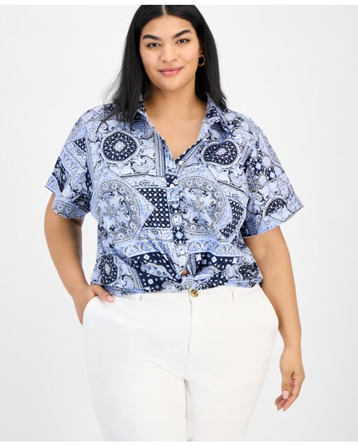 Tommy Hilfiger Blue Plus Size Cotton Patchwork-print Camp Shirt