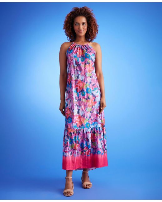 London Times Red Petite Printed Halter-neck Maxi Dress