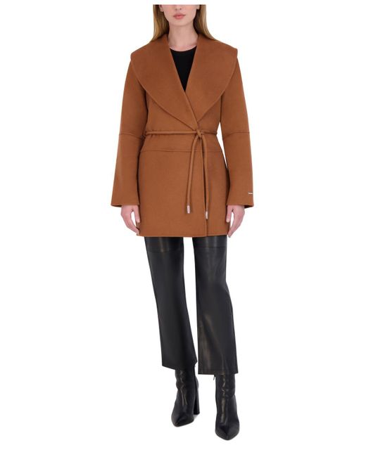 Tahari Doubled-faced Rope Belted Wrap Coat in Brown | Lyst
