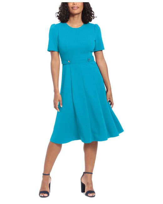 London Times Blue Puff-sleeve Tab-detail Fit & Flare Dress