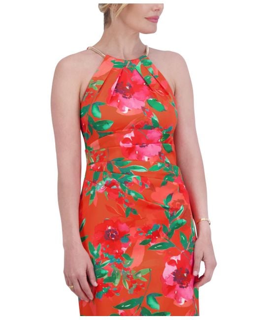 Eliza J Red Floral-print Halter Sheath Dress