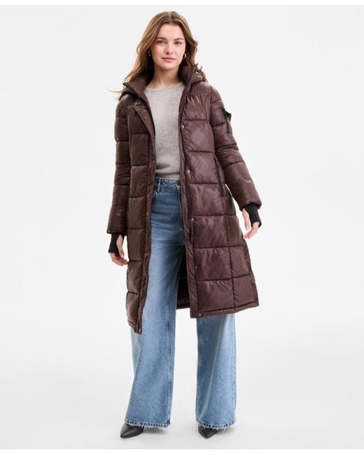 Steve Madden Brown Shiny Hooded Maxi Puffer Coat