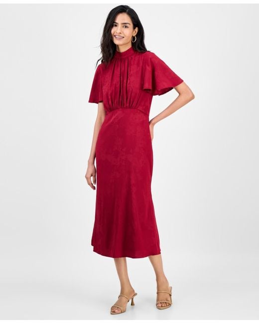 Julia Jordan Red High-neck Flounce-sleeve Midi Dress
