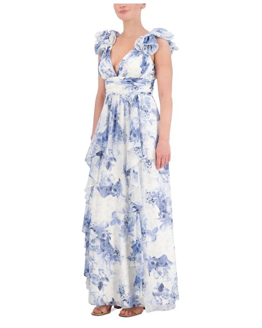 Eliza J Blue Sleeveless Printed Ruffle Gown