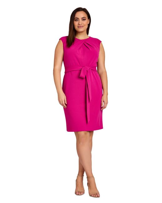 Tahari Pink Plus Size Twist-neck Sleeveless Belted Dress