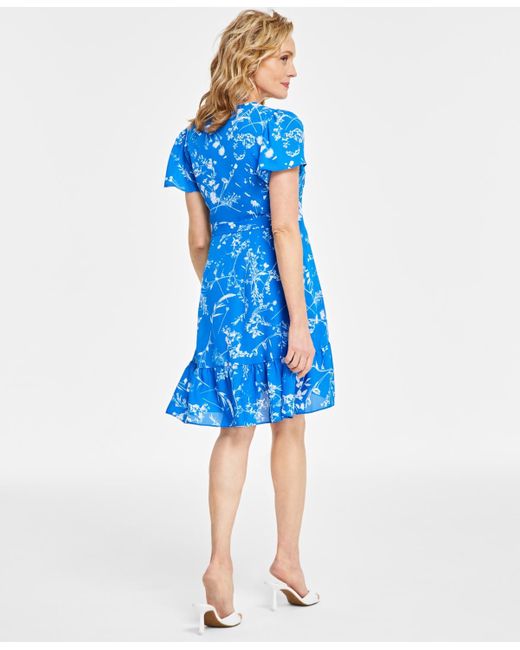 INC International Concepts Blue Floral-print Ruffled-hem Dress