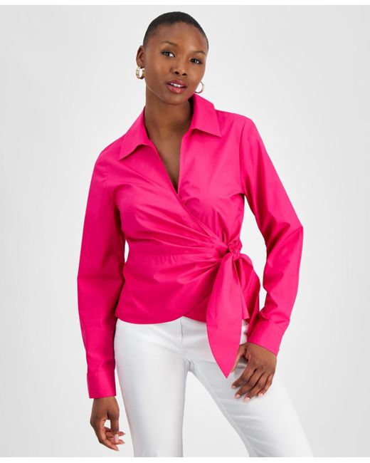 INC International Concepts Pink Petite Collared Waist-tie Blouse