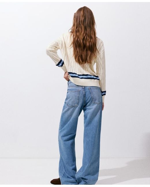 Mango White Cable-knit V-neck Sweater