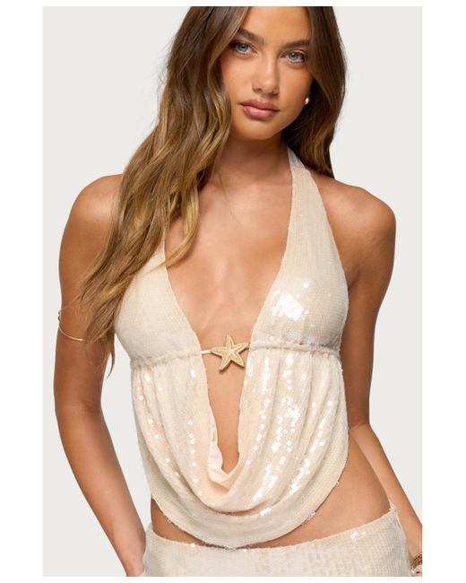 Edikted Natural Roxey Sequin Backless Cowl Neck Top