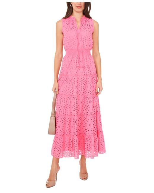 1.STATE Pink Eyelet Embroidered Cotton Sleeveless Split Neck Maxi Dress
