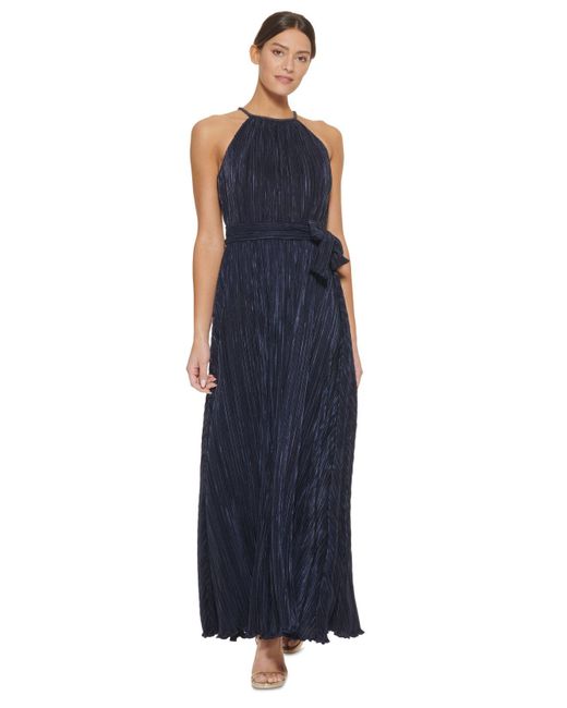 DKNY Embellished-trim Pleated Halter Gown in Blue | Lyst