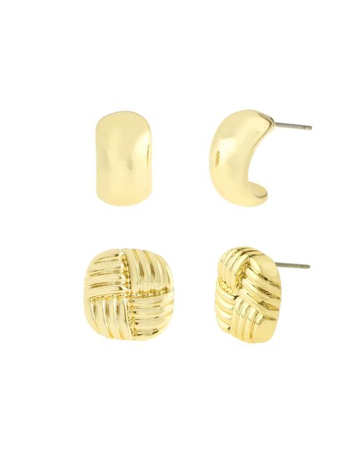 Steve Madden Metallic Gold Vintage Ribbed Stud huggie Duo Earring Set