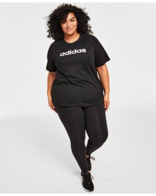 Adidas Black Plus Size Cotton Crewneck Logo Print T Shirt Linear Logo Full Length leggings