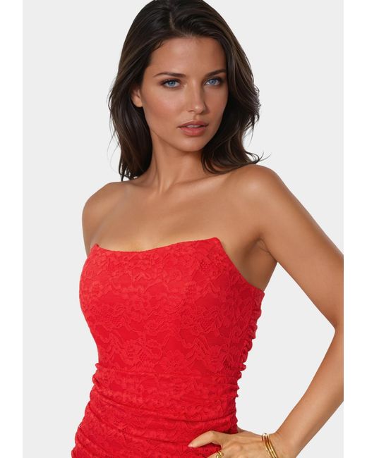 Bebe Strapless Lace Drape Detail Mini Dress in Red | Lyst