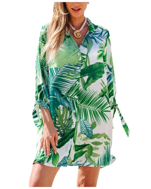 CUPSHE Green Tropical Collared Button-up Mini Cover-up