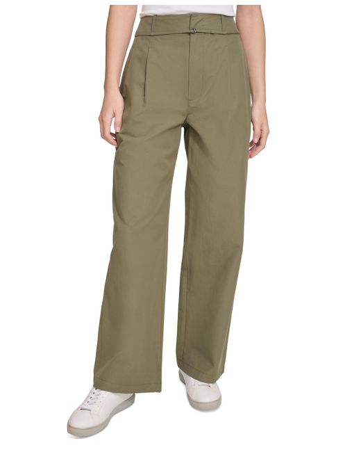 Calvin Klein Green High-waist Wide-leg Belted Pleated Pants