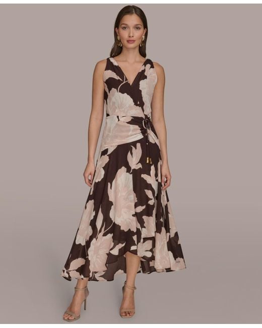 Donna Karan Brown Faux-wrap Sleeveless Dress