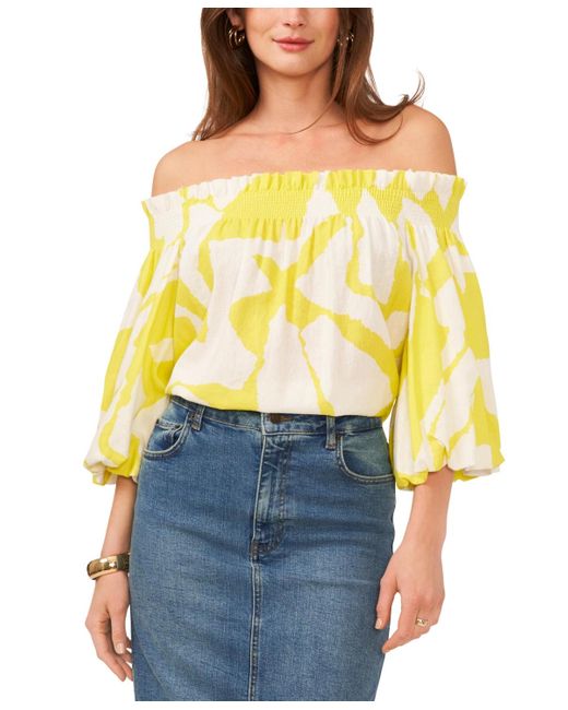 Vince Camuto Yellow Printed Off-the-shoulder Blouson-sleeve Top