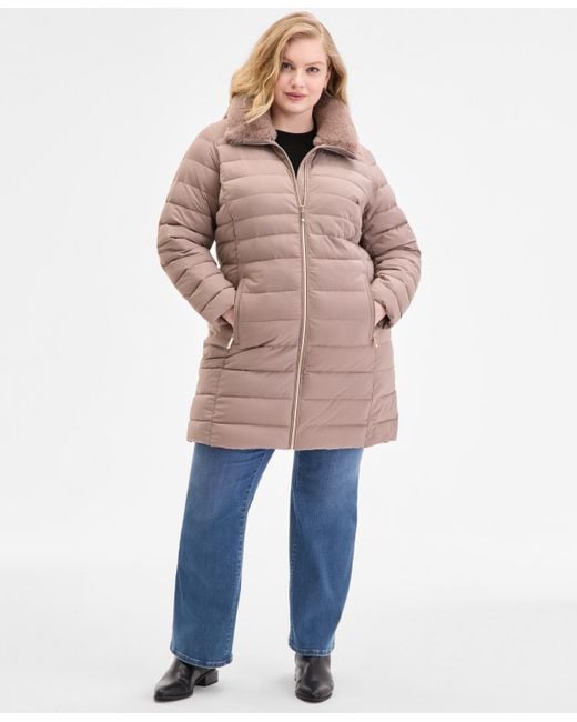 Michael Kors Women's Blue Michael Plus Size Faux-fur-trim Hooded