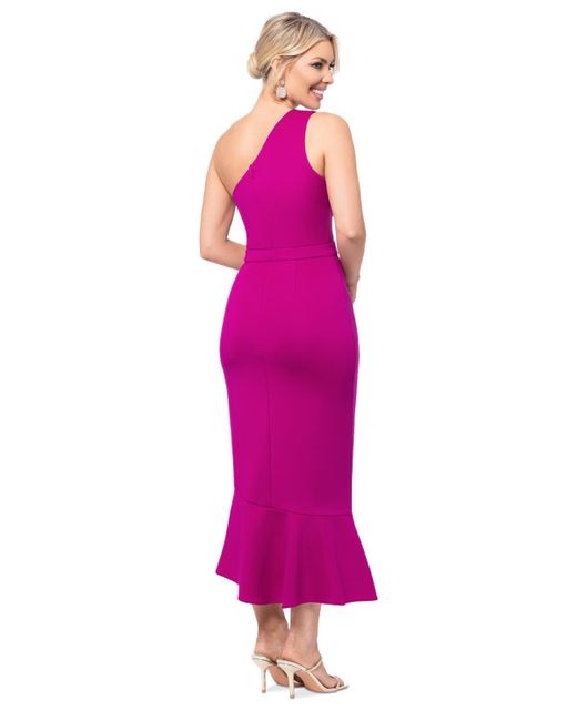 Xscape Pink Ruffled One-shoudler Midi Dress