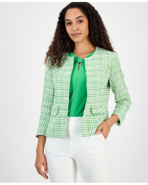 Kasper Green Tweed Collarless Open-front Jacket