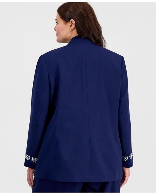 Kasper Blue Plus Size Collarless Open-front Jacket