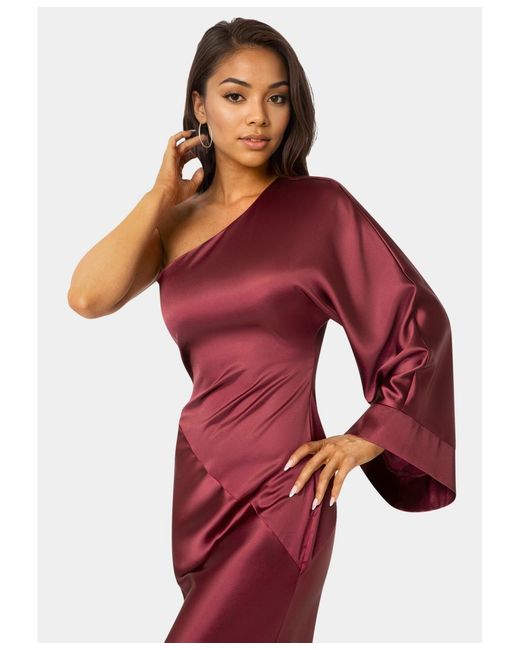 Bebe One Shoulder Bell Sleeve Satin Maxi Dress in Red | Lyst