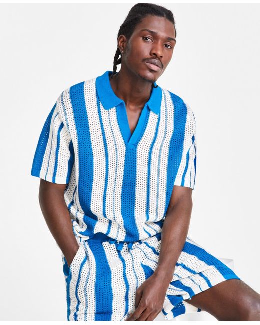 INC International Concepts Blue Regular-fit Crocheted Stripe Polo Shirt for men
