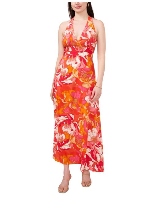 1.STATE Red Floral Print Sleeveless Halter Maxi Dress