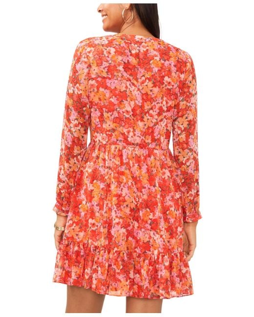 Vince Camuto Floral Printed Long Sleeve Split Neck Tiered Baby Doll Dress