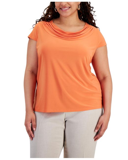 Kasper Orange Plus Size Cap-sleeve Cowlneck Blouse