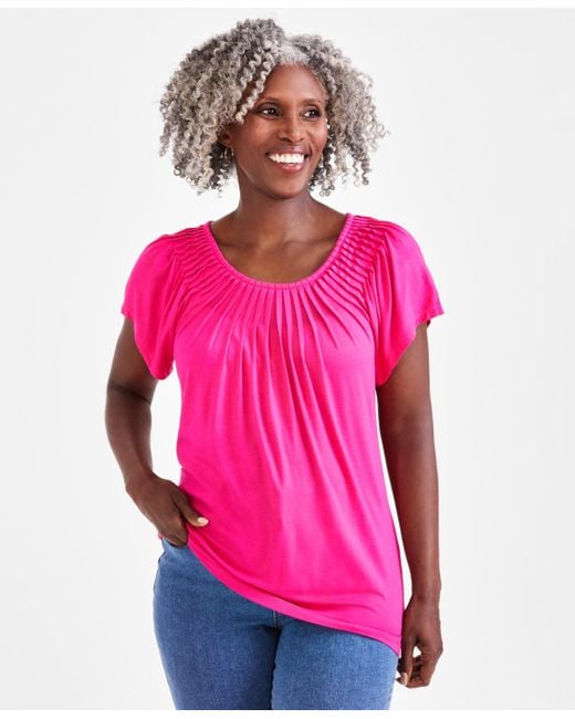 Style & Co. Pink Pleated-neck Short-sleeve Top
