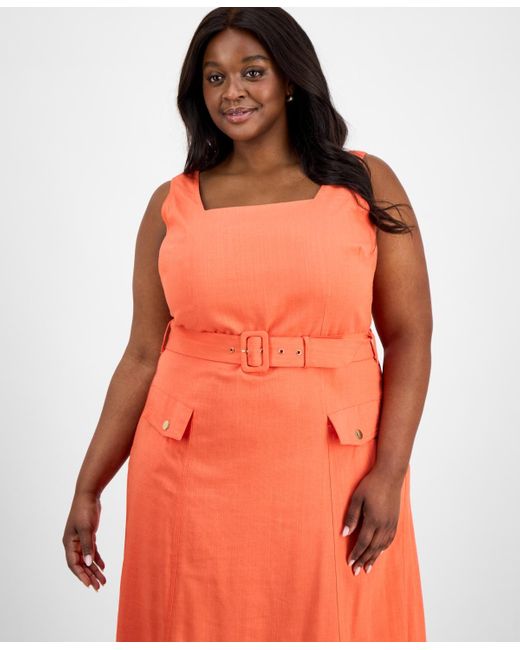 Tahari Orange Plus Size Square-neck Belted Midi Dress