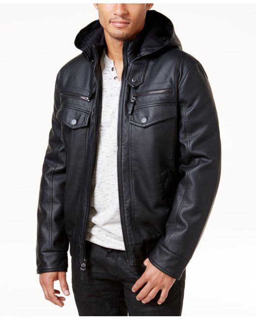 INC International Concepts Black Men's Faux Leather Hooded Bomber Jacket for men