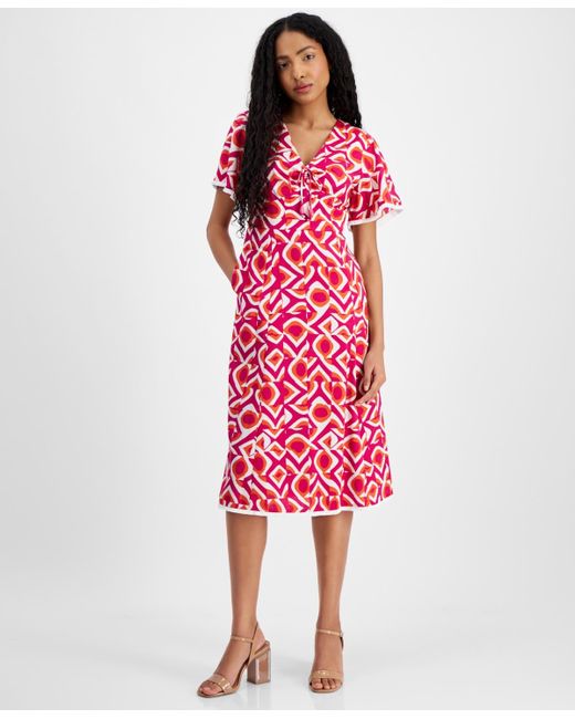 Tahari Red Petite Printed Midi Dress