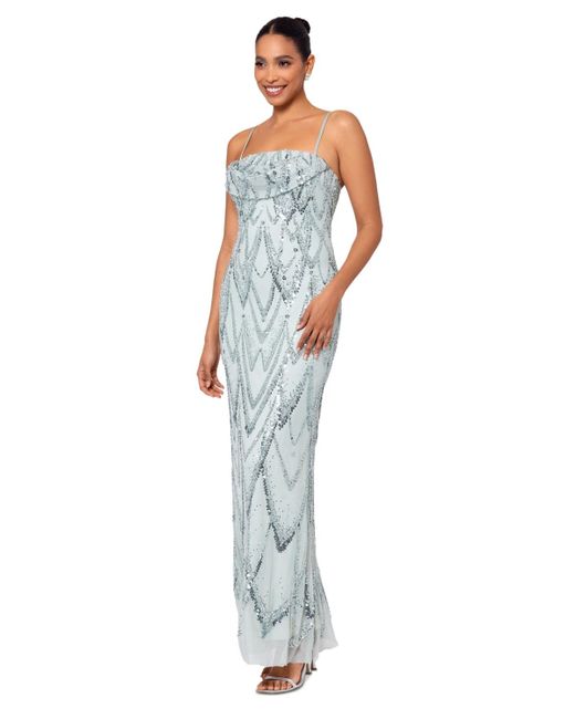 Betsy & Adam White Sequin-embellished Draped-neck Gown